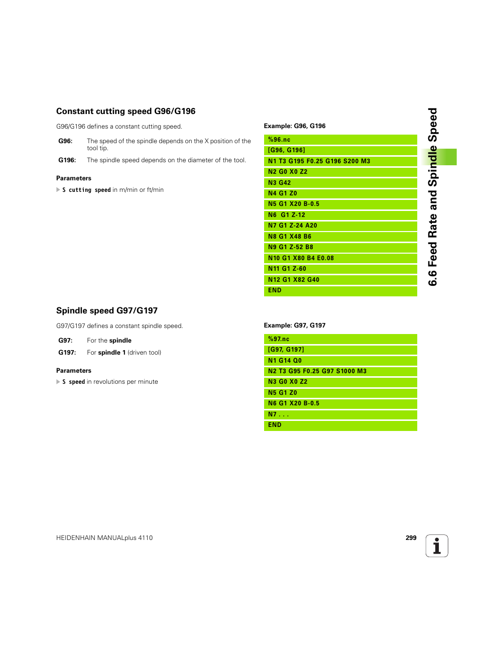 Constant cutting speed g96/g196, Spindle speed g97/g197, 6 f e ed rat e and spindle speed | HEIDENHAIN MANUALplus 4110 User Manual | Page 299 / 550