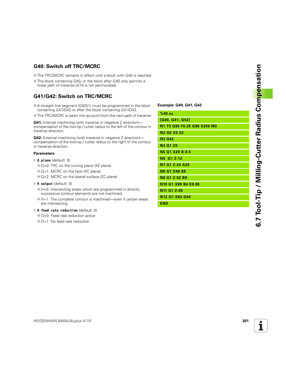 G40: switch off trc/mcrc, G41/g42: switch on trc/mcrc, 7 t ool-tip / milling-cut ter radius compensation | HEIDENHAIN MANUALplus 4110 User Manual | Page 301 / 550