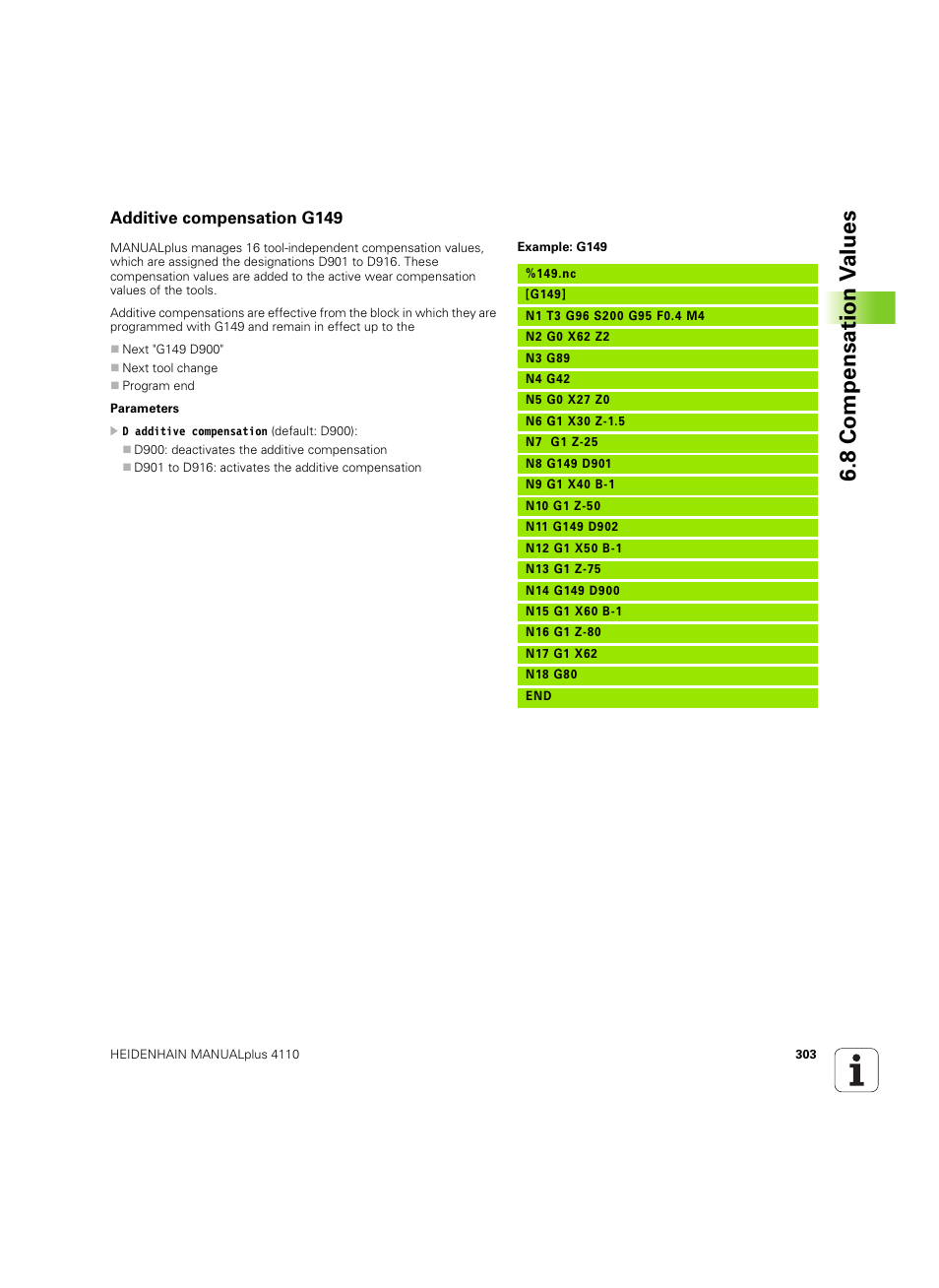 Additive compensation g149, 8 compensation v a lues | HEIDENHAIN MANUALplus 4110 User Manual | Page 303 / 550