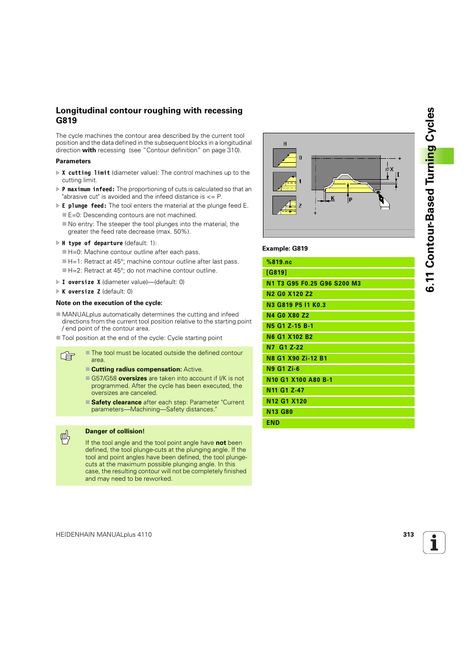 Longitudinal contour roughing with recessing g819, 1 1 cont our -based t u rn ing cy cles | HEIDENHAIN MANUALplus 4110 User Manual | Page 313 / 550