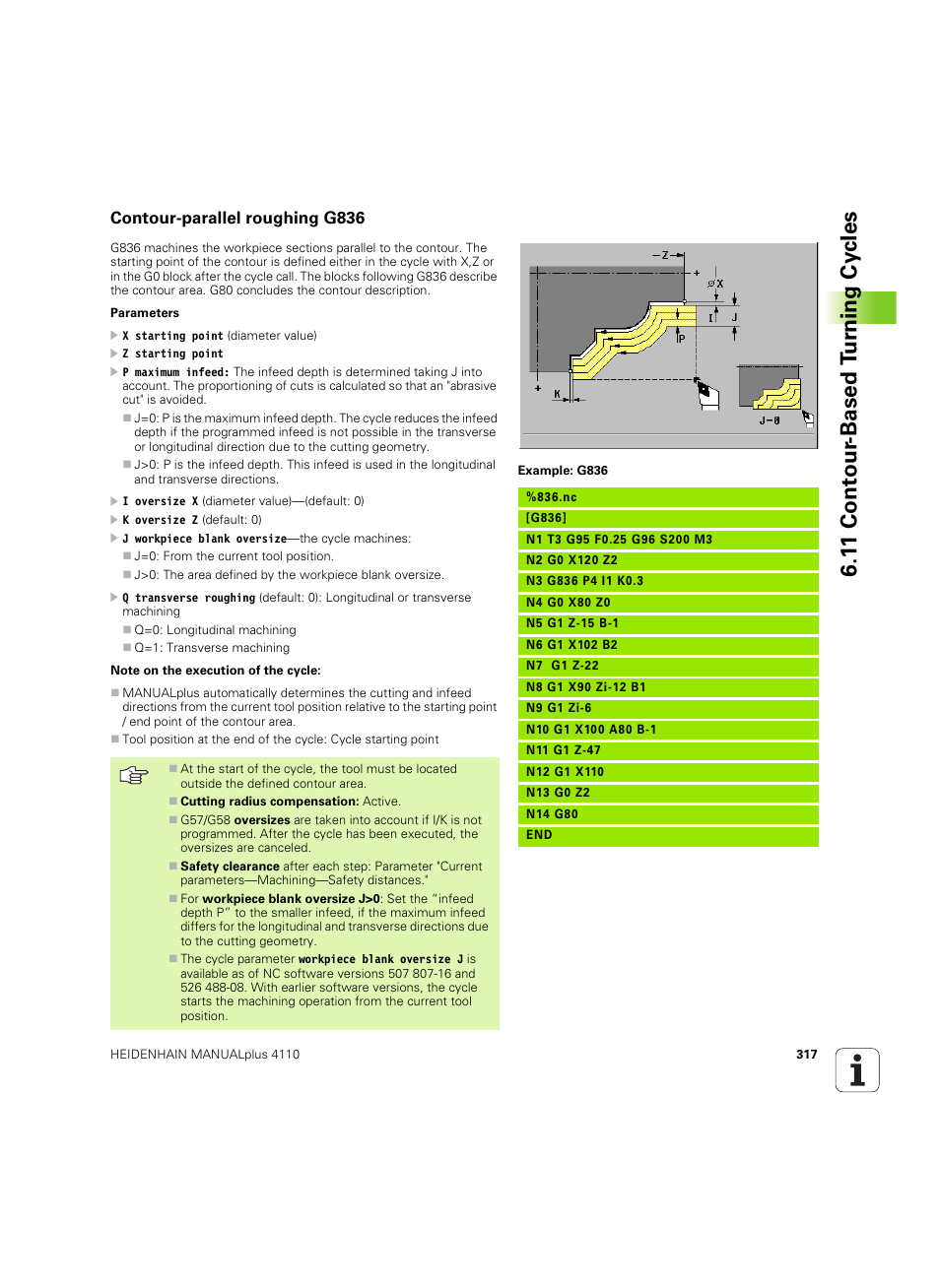 Contour-parallel roughing g836, 1 1 cont our -based t u rn ing cy cles | HEIDENHAIN MANUALplus 4110 User Manual | Page 317 / 550