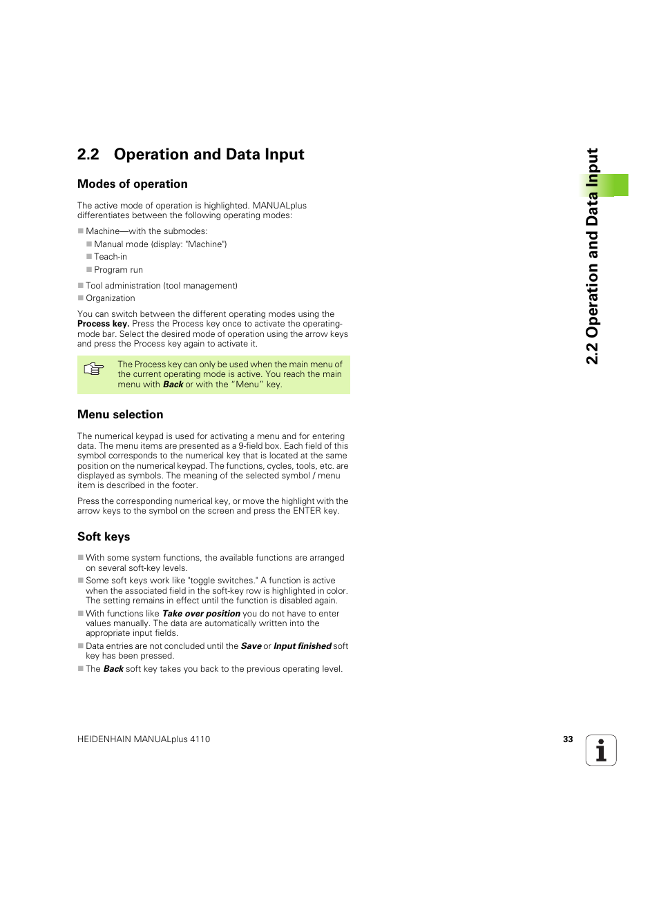 2 operation and data input, Modes of operation, Menu selection | Soft keys | HEIDENHAIN MANUALplus 4110 User Manual | Page 33 / 550