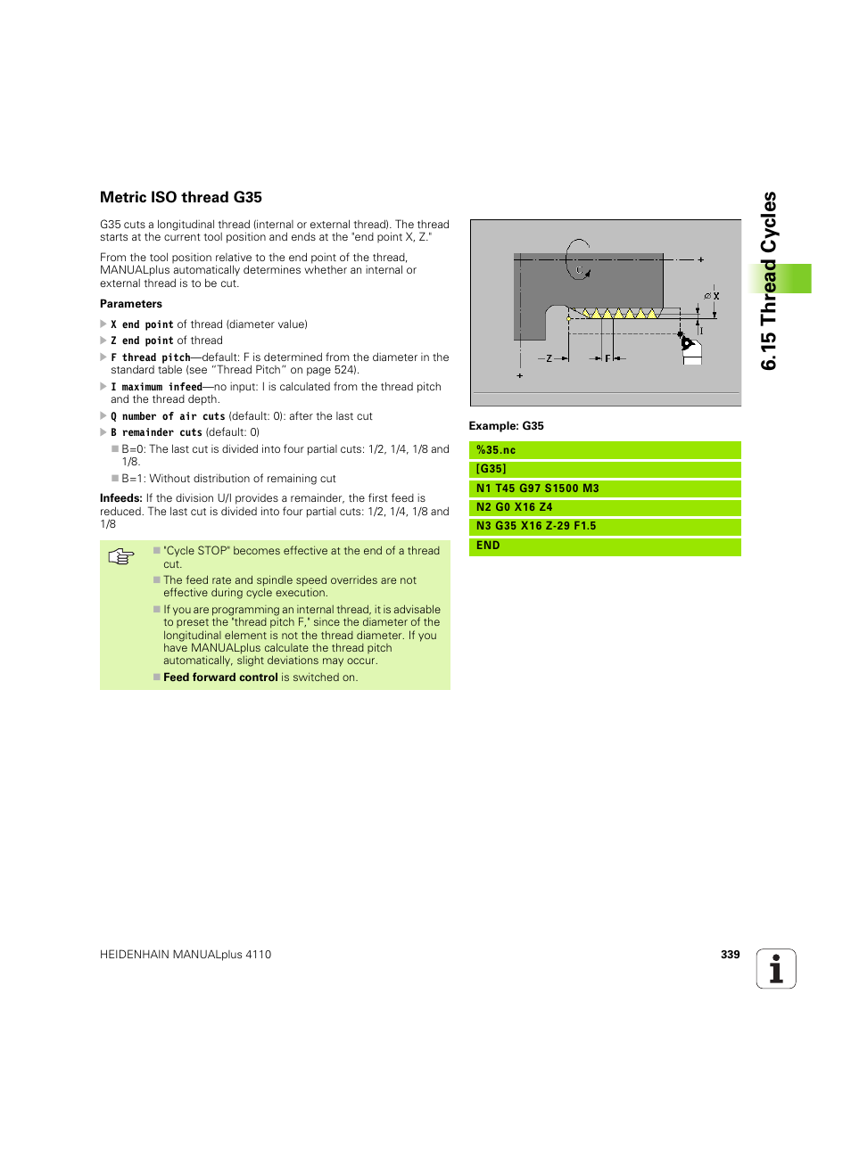 Metric iso thread g35, 15 thr ead cy cles | HEIDENHAIN MANUALplus 4110 User Manual | Page 339 / 550