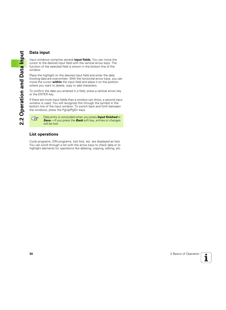 Data input, List operations, 2 oper ation and d a ta input | HEIDENHAIN MANUALplus 4110 User Manual | Page 34 / 550