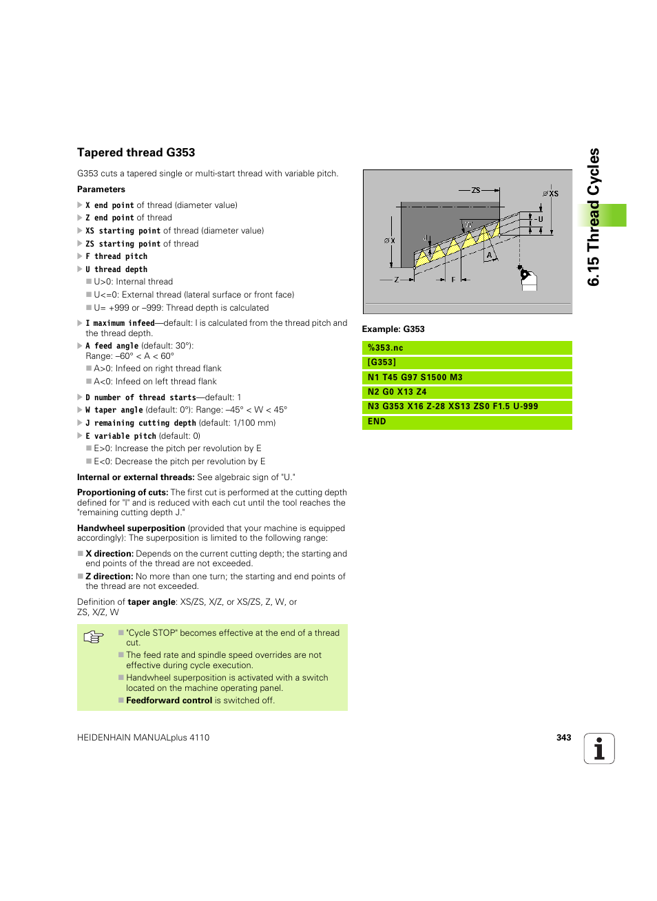 Tapered thread g353, 15 thr ead cy cles | HEIDENHAIN MANUALplus 4110 User Manual | Page 343 / 550