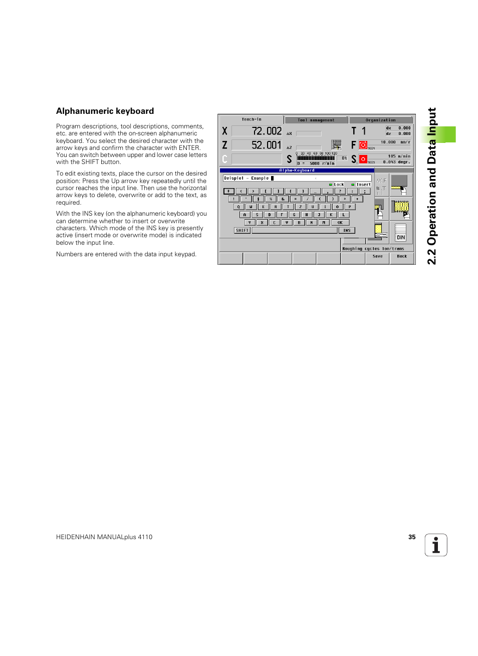 Alphanumeric keyboard, 2 oper ation and d a ta input | HEIDENHAIN MANUALplus 4110 User Manual | Page 35 / 550