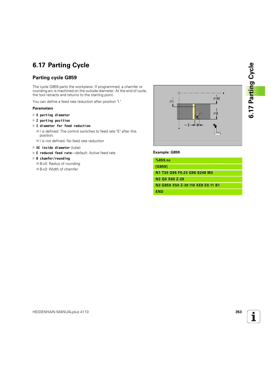 17 parting cycle, Parting cycle g859 | HEIDENHAIN MANUALplus 4110 User Manual | Page 353 / 550