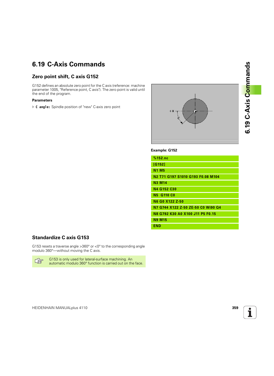 19 c-axis commands, Zero point shift, c axis g152, Standardize c axis g153 | HEIDENHAIN MANUALplus 4110 User Manual | Page 359 / 550