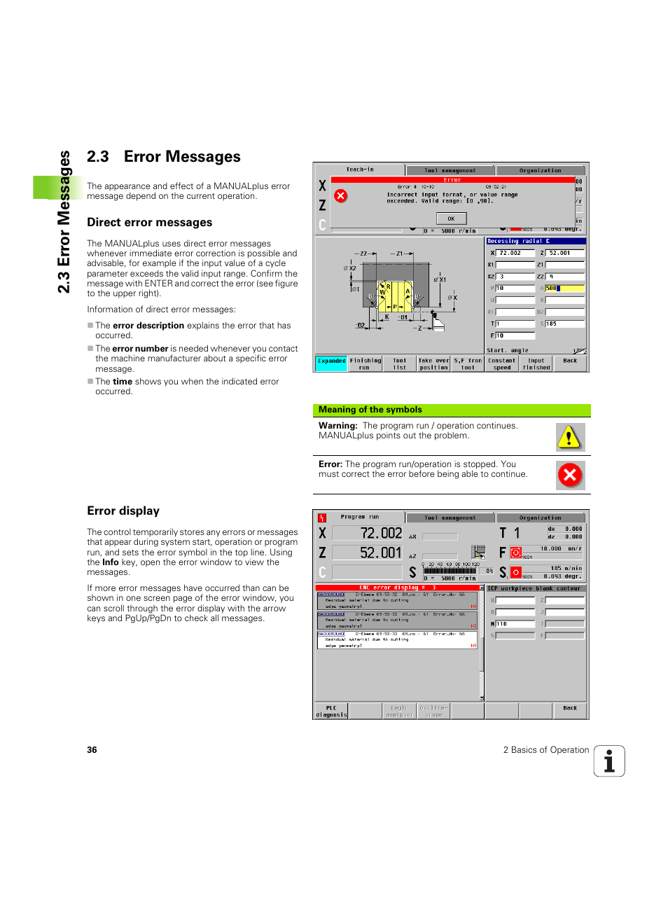3 error messages, Direct error messages, Error display | 3 er ro r messag es 2.3 error messages | HEIDENHAIN MANUALplus 4110 User Manual | Page 36 / 550
