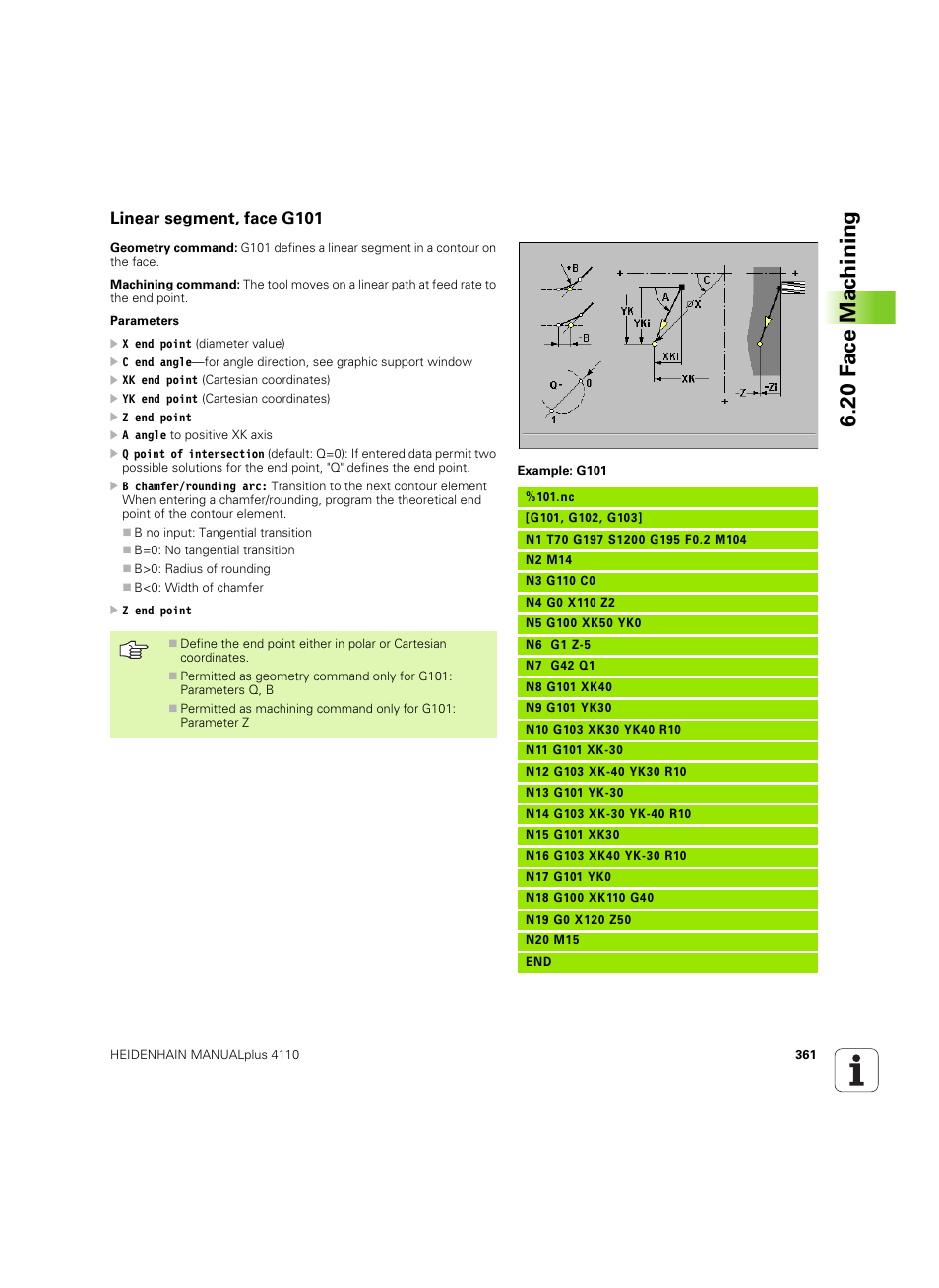 Linear segment, face g101, 20 f a ce mac h ining | HEIDENHAIN MANUALplus 4110 User Manual | Page 361 / 550