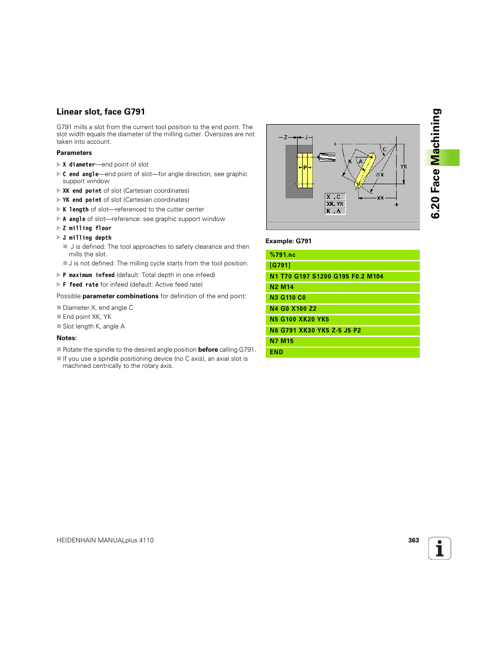 Linear slot, face g791, 20 f a ce mac h ining | HEIDENHAIN MANUALplus 4110 User Manual | Page 363 / 550