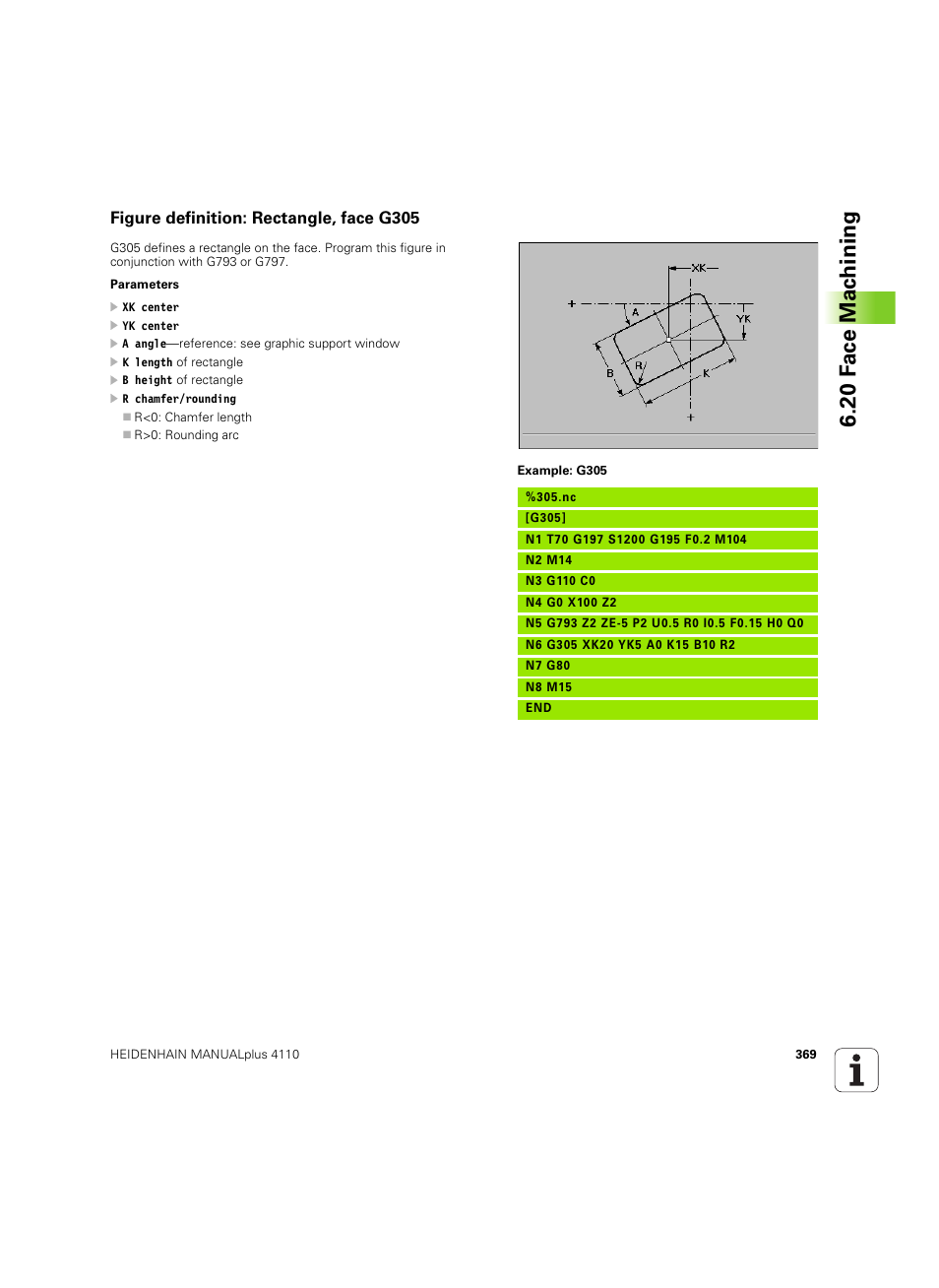 Figure definition: rectangle, face g305, 20 f a ce mac h ining | HEIDENHAIN MANUALplus 4110 User Manual | Page 369 / 550