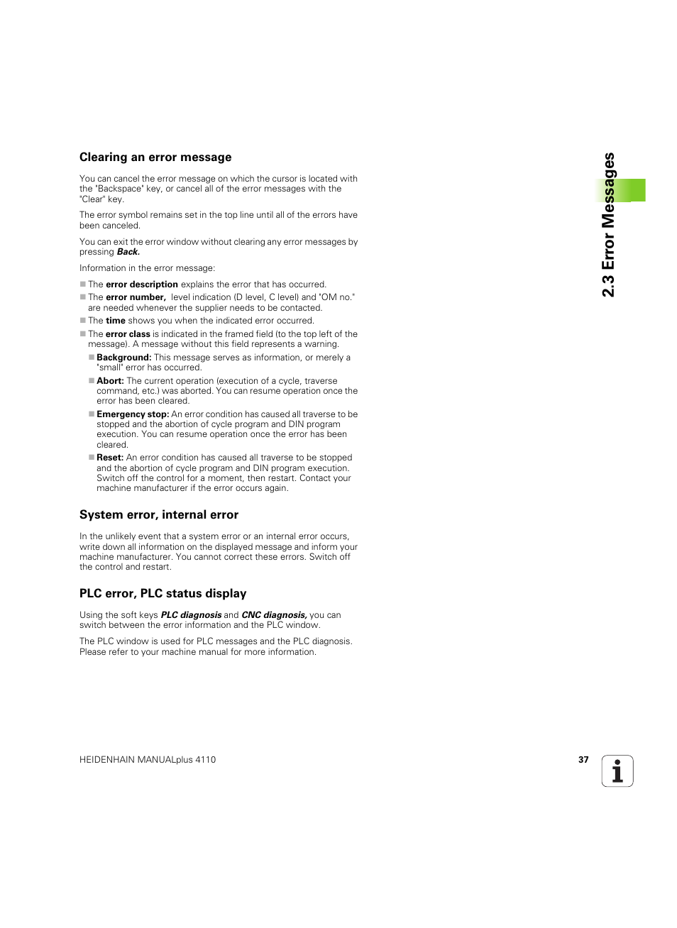 Clearing an error message, System error, internal error, Plc error, plc status display | 3 er ro r messag es | HEIDENHAIN MANUALplus 4110 User Manual | Page 37 / 550
