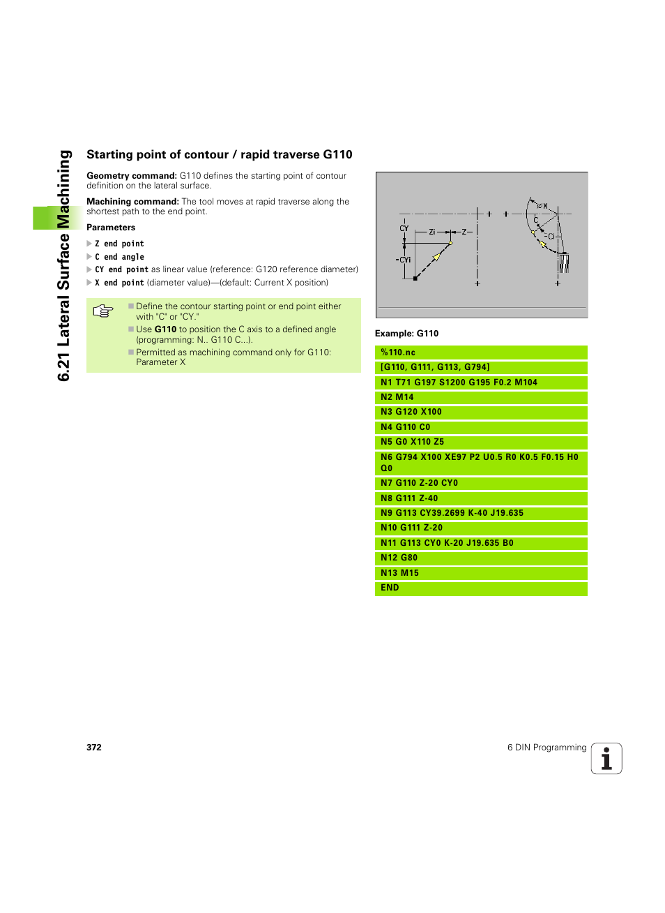 Starting point of contour / rapid traverse g110, 21 lat er al surf ace mac h ining | HEIDENHAIN MANUALplus 4110 User Manual | Page 372 / 550