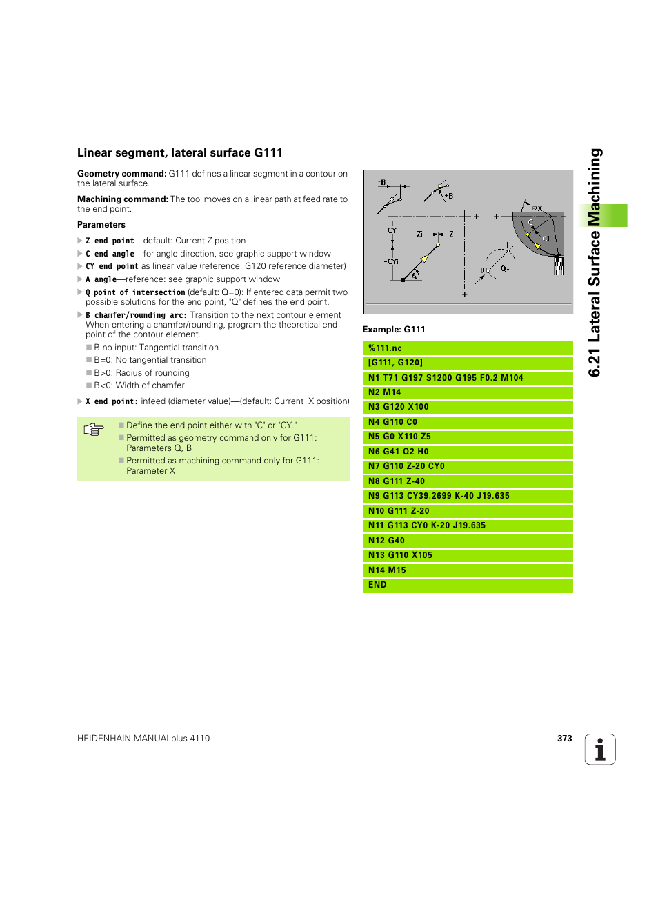 Linear segment, lateral surface g111, 21 lat er al surf ace mac h ining | HEIDENHAIN MANUALplus 4110 User Manual | Page 373 / 550