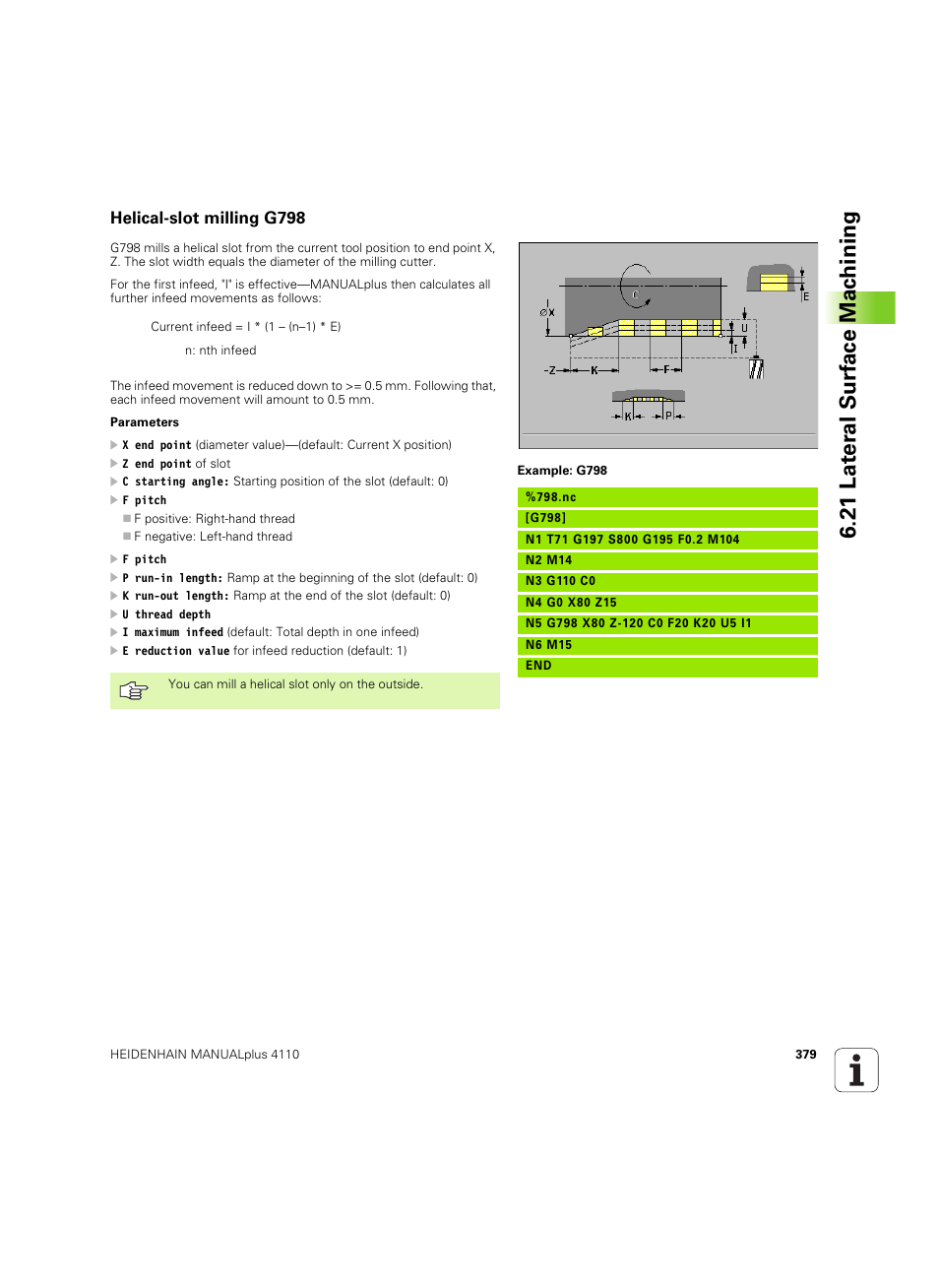 Helical-slot milling g798, 21 lat er al surf ace mac h ining | HEIDENHAIN MANUALplus 4110 User Manual | Page 379 / 550