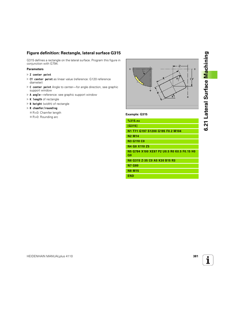 Figure definition: rectangle, lateral surface g315, 21 lat er al surf ace mac h ining | HEIDENHAIN MANUALplus 4110 User Manual | Page 381 / 550