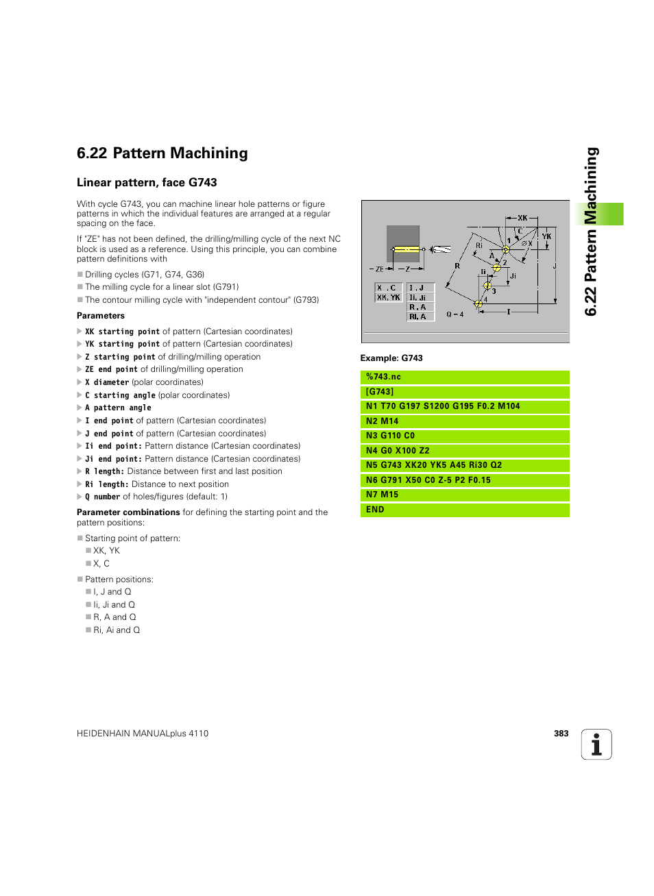 22 pattern machining, Linear pattern, face g743 | HEIDENHAIN MANUALplus 4110 User Manual | Page 383 / 550