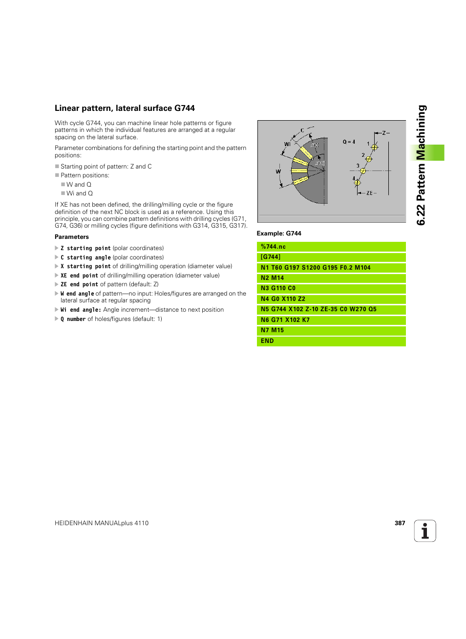 Linear pattern, lateral surface g744, 22 p a tt er n mac h ining | HEIDENHAIN MANUALplus 4110 User Manual | Page 387 / 550