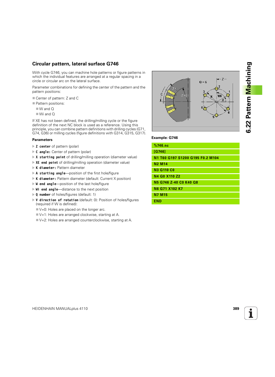 Circular pattern, lateral surface g746, 22 p a tt er n mac h ining | HEIDENHAIN MANUALplus 4110 User Manual | Page 389 / 550