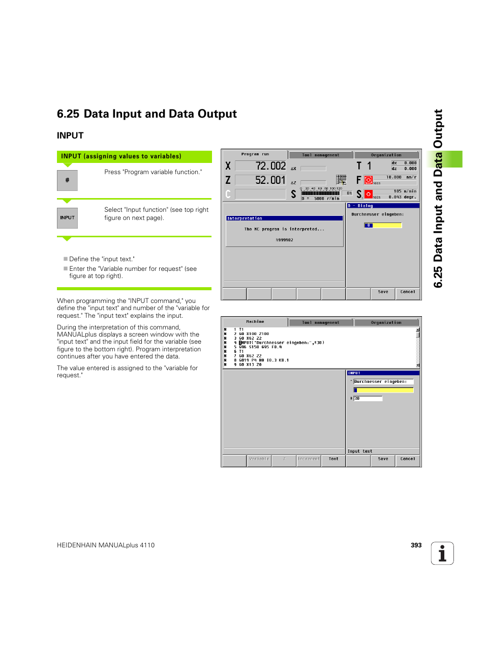 25 data input and data output, Input | HEIDENHAIN MANUALplus 4110 User Manual | Page 393 / 550