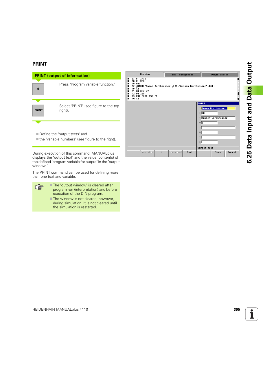 Print, 25 d a ta input and d a ta output | HEIDENHAIN MANUALplus 4110 User Manual | Page 395 / 550