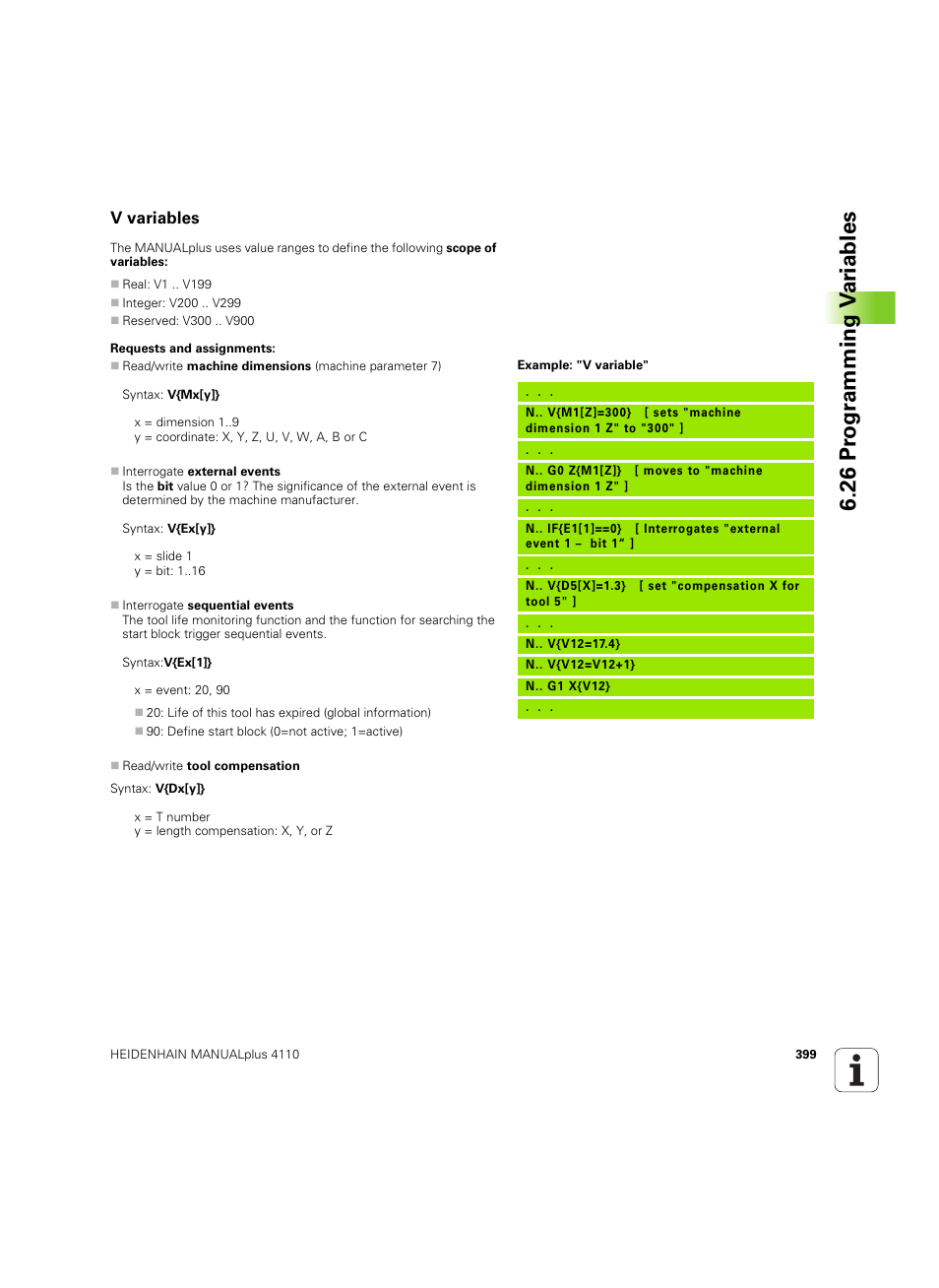 V variables, 26 pr ogr amming v a ri ables | HEIDENHAIN MANUALplus 4110 User Manual | Page 399 / 550