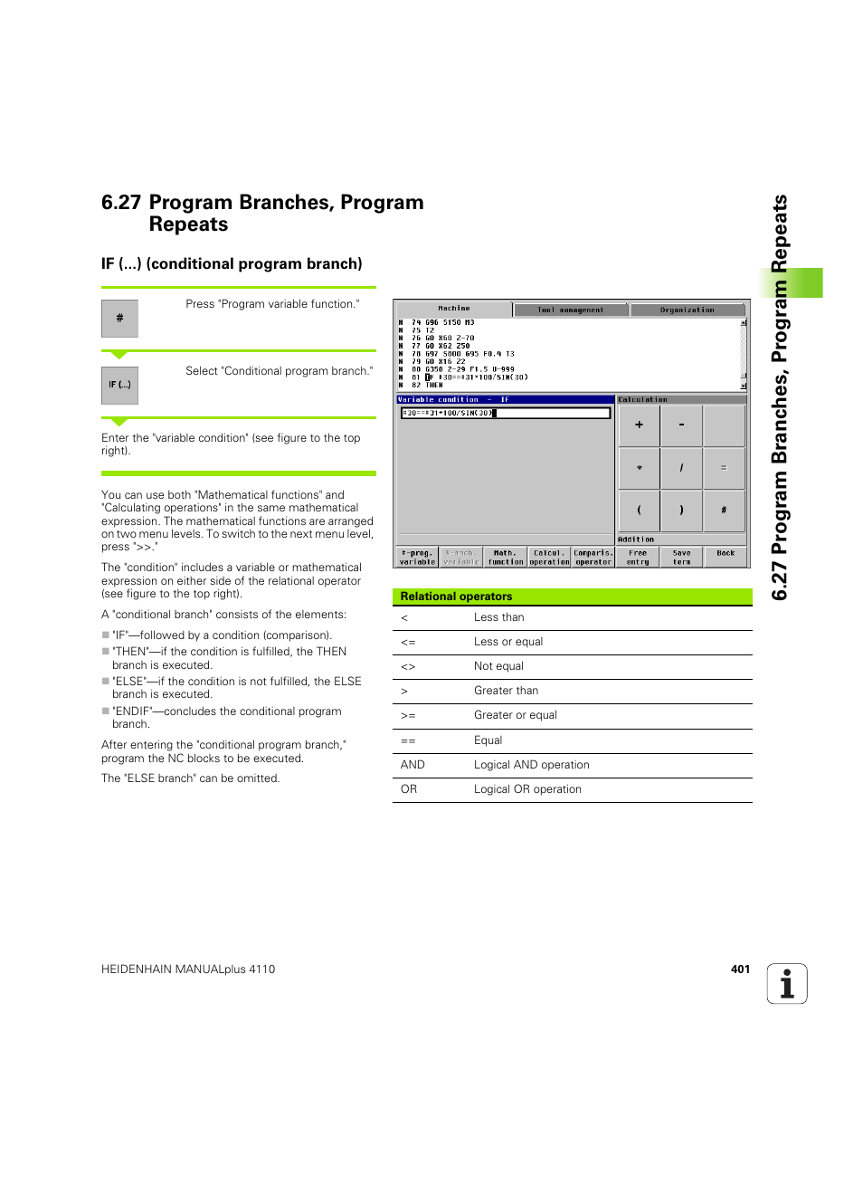 27 program branches, program repeats, If (...) (conditional program branch) | HEIDENHAIN MANUALplus 4110 User Manual | Page 401 / 550