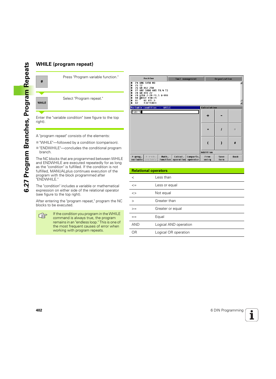 While (program repeat), 27 pr ogr am br anc h es, pr ogr a m repeats | HEIDENHAIN MANUALplus 4110 User Manual | Page 402 / 550