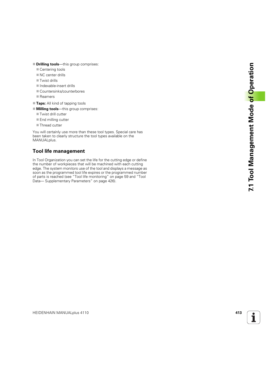Tool life management, 1 t ool manag e ment mode of oper ation | HEIDENHAIN MANUALplus 4110 User Manual | Page 413 / 550