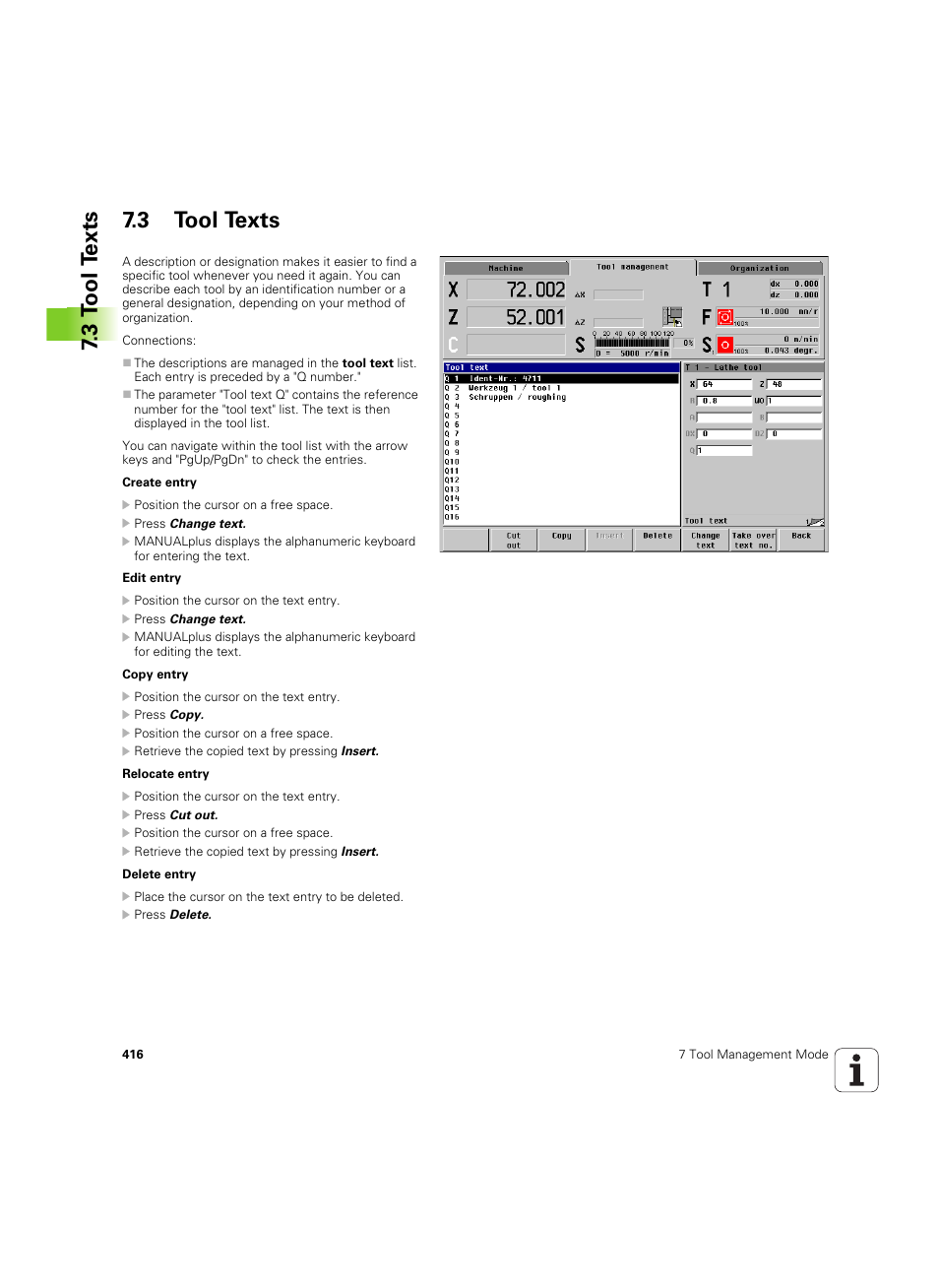 3 tool texts, 3 t o ol t e xts 7.3 tool texts | HEIDENHAIN MANUALplus 4110 User Manual | Page 416 / 550
