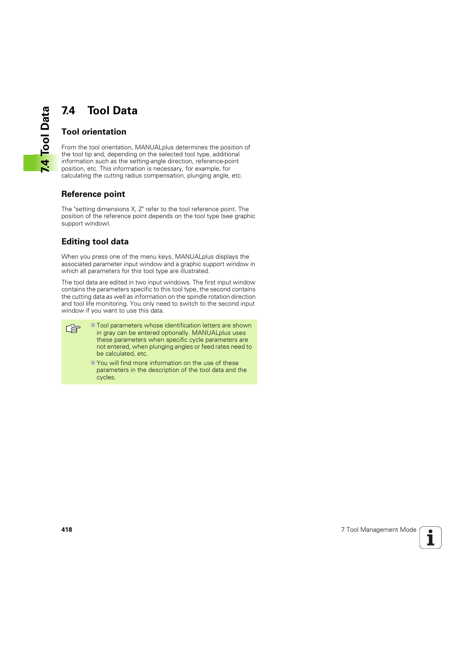 4 tool data, Tool orientation, Reference point | Editing tool data, 4 t ool d a ta 7.4 tool data | HEIDENHAIN MANUALplus 4110 User Manual | Page 418 / 550