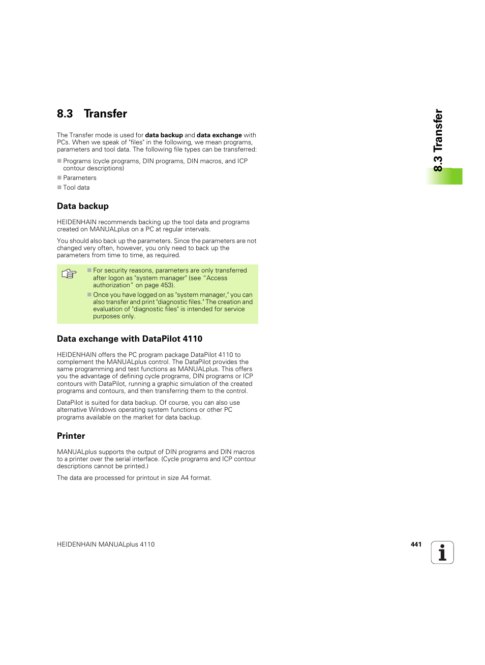3 transfer, Data backup, Data exchange with datapilot 4110 | Printer, 3 t ransf er 8.3 transfer | HEIDENHAIN MANUALplus 4110 User Manual | Page 441 / 550