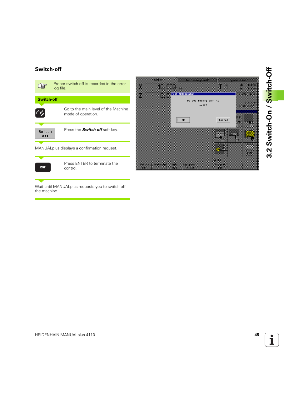 Switch-off, 2 s w itc h -on / s w itc h -of f | HEIDENHAIN MANUALplus 4110 User Manual | Page 45 / 550