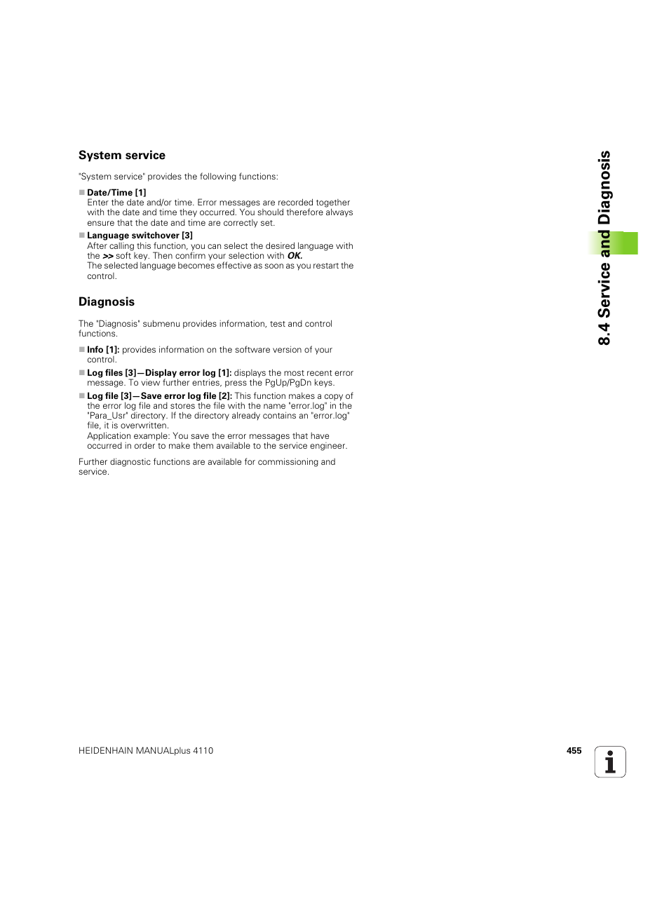 System service, Diagnosis, 4 service and diagnosis | HEIDENHAIN MANUALplus 4110 User Manual | Page 455 / 550