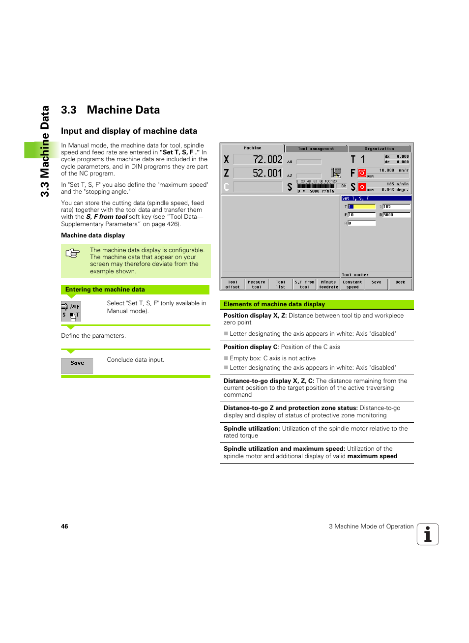 3 machine data, Input and display of machine data, 3 mac h ine d a ta 3.3 machine data | HEIDENHAIN MANUALplus 4110 User Manual | Page 46 / 550