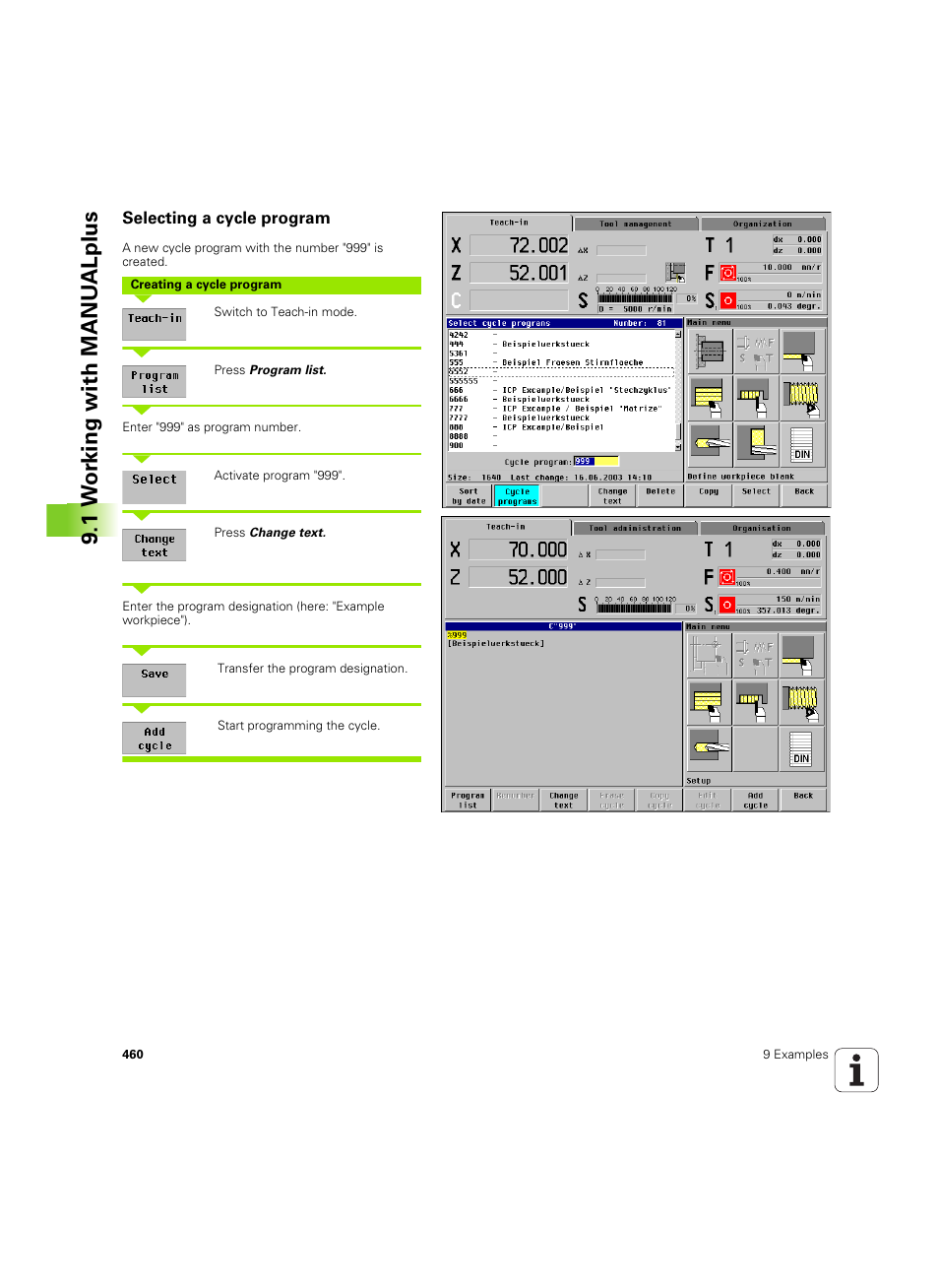 Selecting a cycle program, 1 w o rk ing with manu alplus | HEIDENHAIN MANUALplus 4110 User Manual | Page 460 / 550