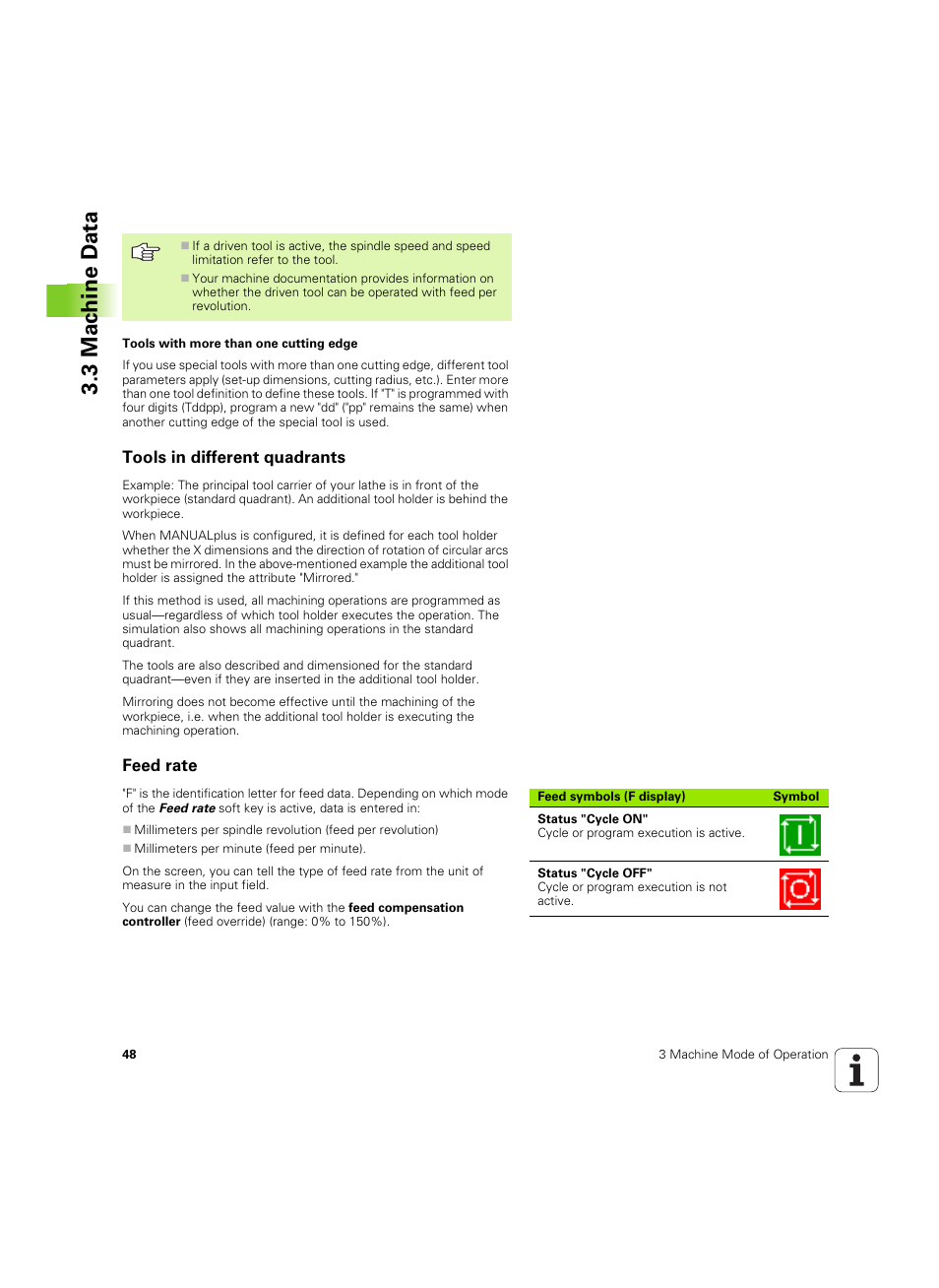 Tools in different quadrants, Feed rate, 3 mac h ine d a ta | HEIDENHAIN MANUALplus 4110 User Manual | Page 48 / 550