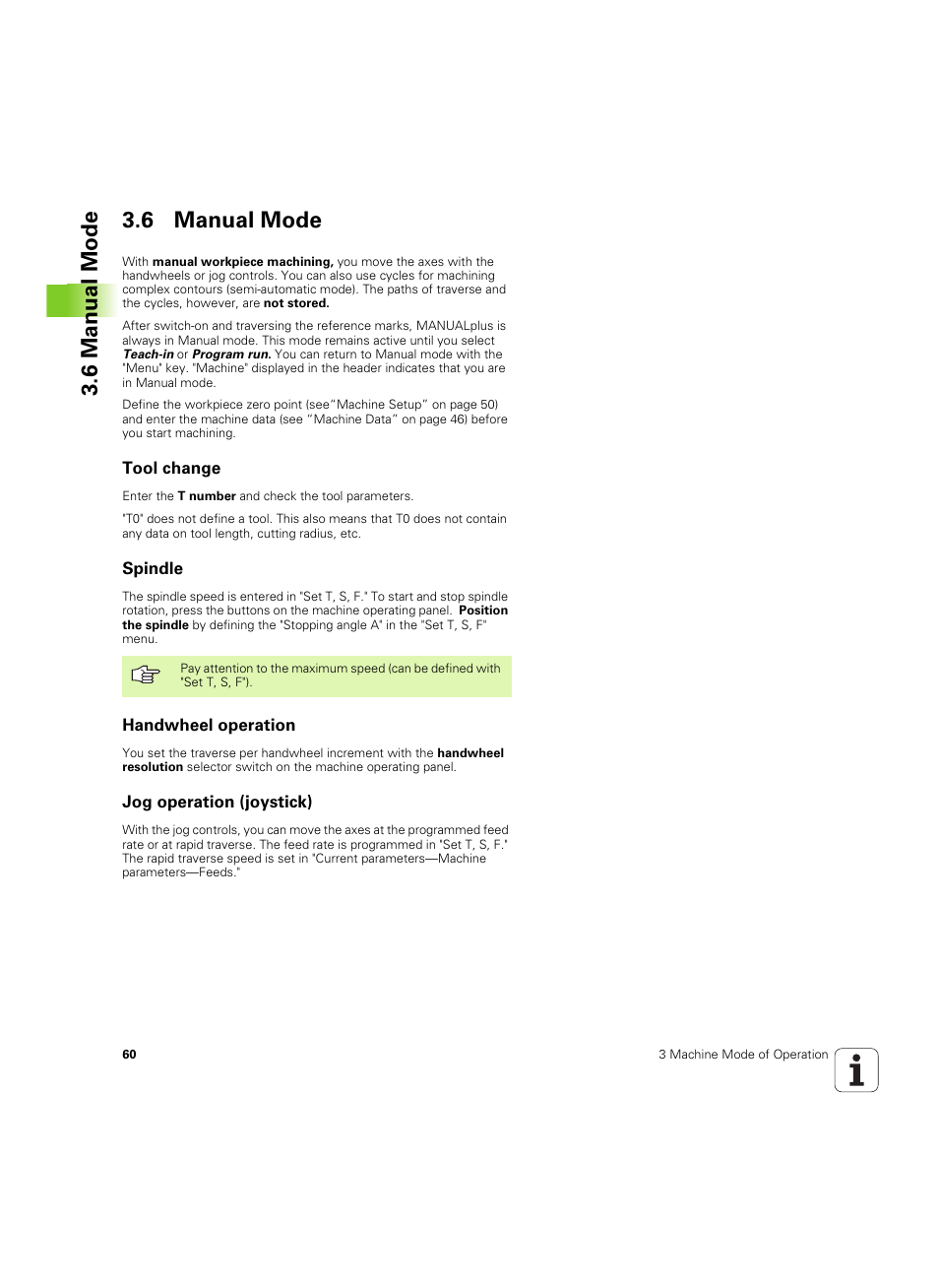 6 manual mode, Tool change, Spindle | Handwheel operation, Jog operation (joystick), 6 manual mode 3.6 manual mode | HEIDENHAIN MANUALplus 4110 User Manual | Page 60 / 550