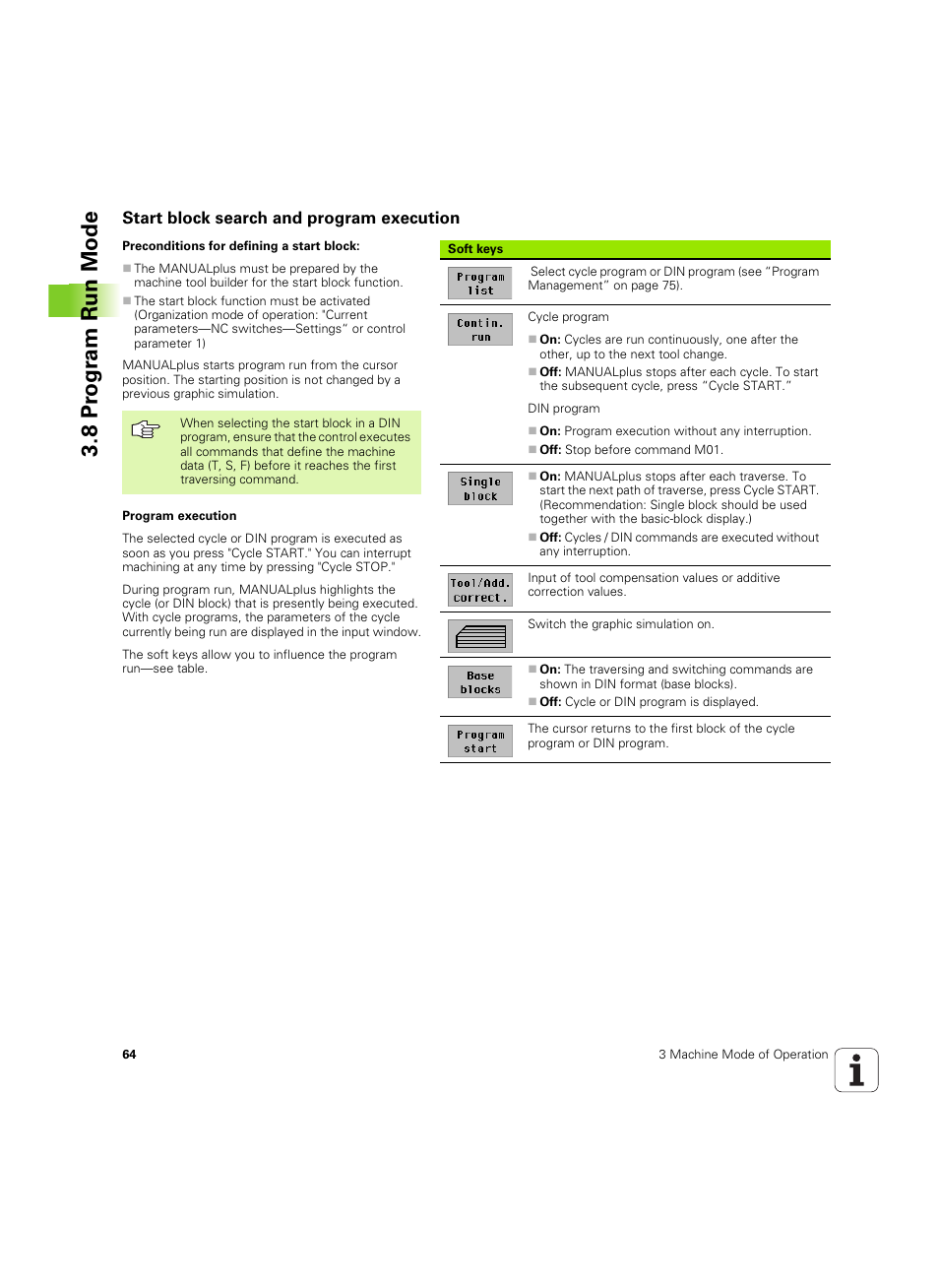 Start block search and program execution, 8 pr ogr am run mode | HEIDENHAIN MANUALplus 4110 User Manual | Page 64 / 550