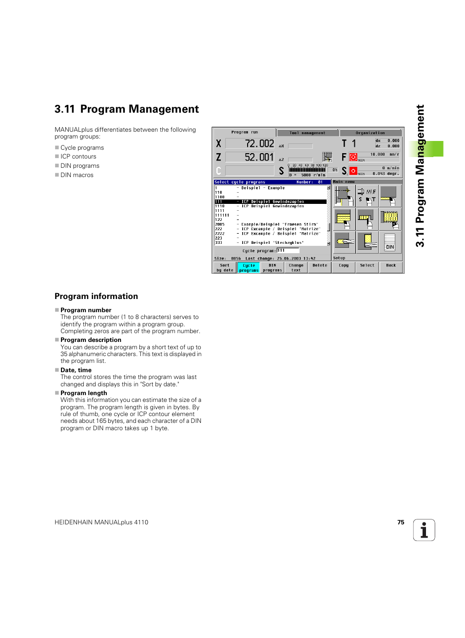 11 program management, Program information | HEIDENHAIN MANUALplus 4110 User Manual | Page 75 / 550