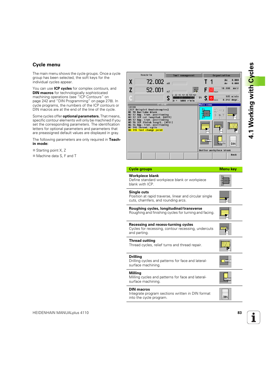 Cycle menu, 1 w o rk ing with cy cles | HEIDENHAIN MANUALplus 4110 User Manual | Page 83 / 550