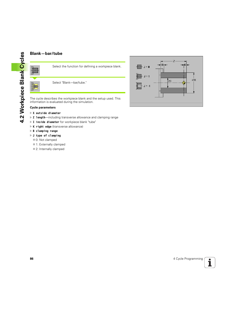 Blank-bar/tube, Blank—bar/tube, 2 w o rk piece blank cy cles | HEIDENHAIN MANUALplus 4110 User Manual | Page 86 / 550