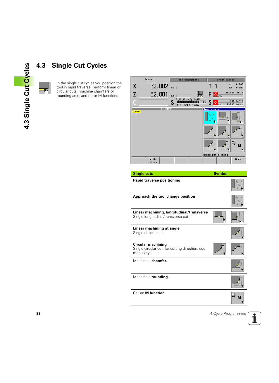 3 single cut cycles, 3 single cut cy cles 4.3 single cut cycles | HEIDENHAIN MANUALplus 4110 User Manual | Page 88 / 550