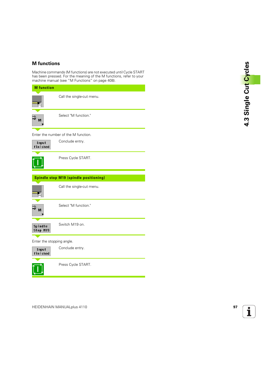 M functions, 3 single cut cy cles | HEIDENHAIN MANUALplus 4110 User Manual | Page 97 / 550