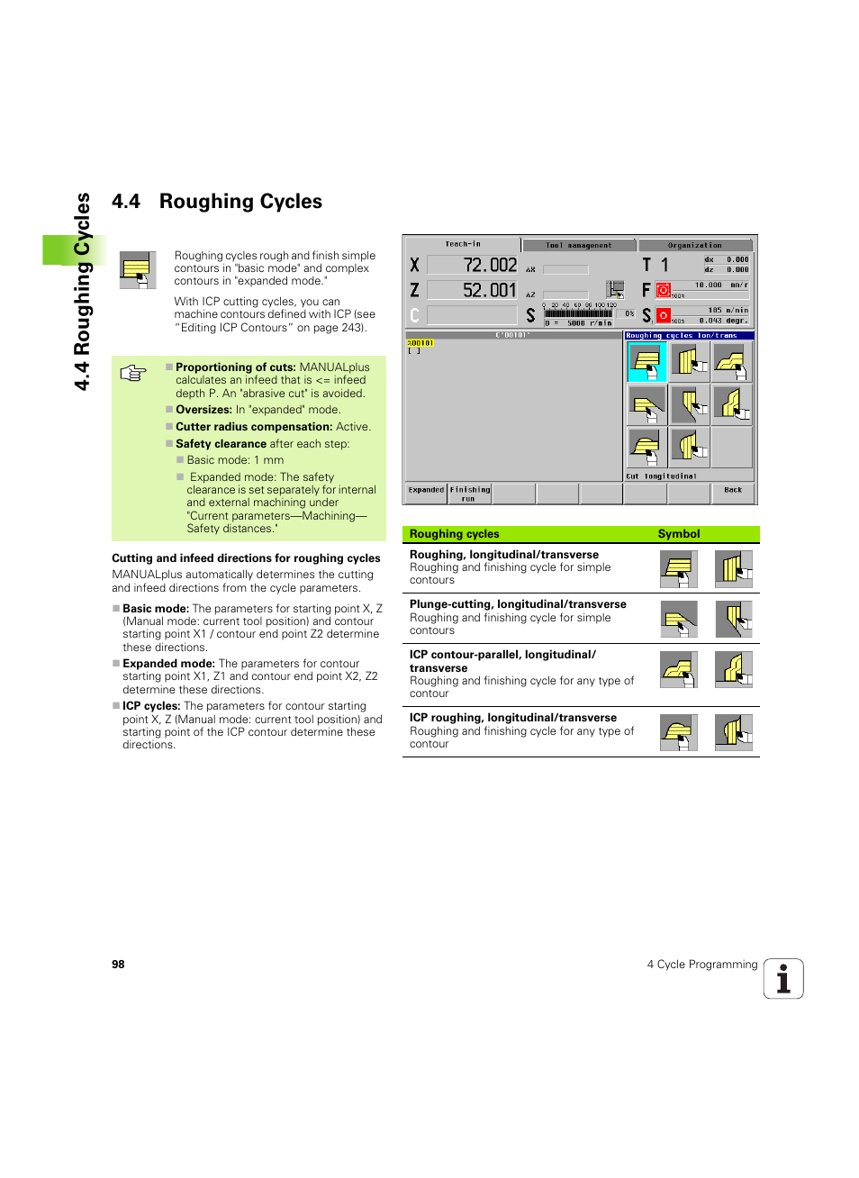 4 roughing cycles, 4 roughing cy cles 4.4 roughing cycles | HEIDENHAIN MANUALplus 4110 User Manual | Page 98 / 550