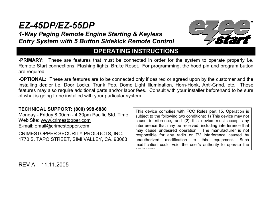 Crimestopper Security Products EZEE START EZ-55DP User Manual | 15 pages