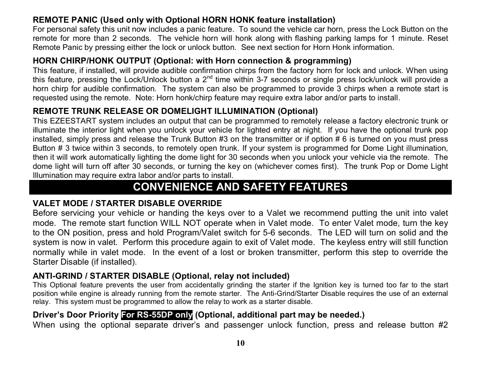 Convenience and safety features | Crimestopper Security Products EZEE START EZ-55DP User Manual | Page 10 / 15