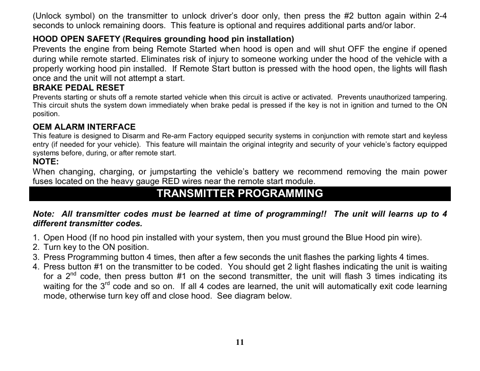 Transmitter programming | Crimestopper Security Products EZEE START EZ-55DP User Manual | Page 11 / 15