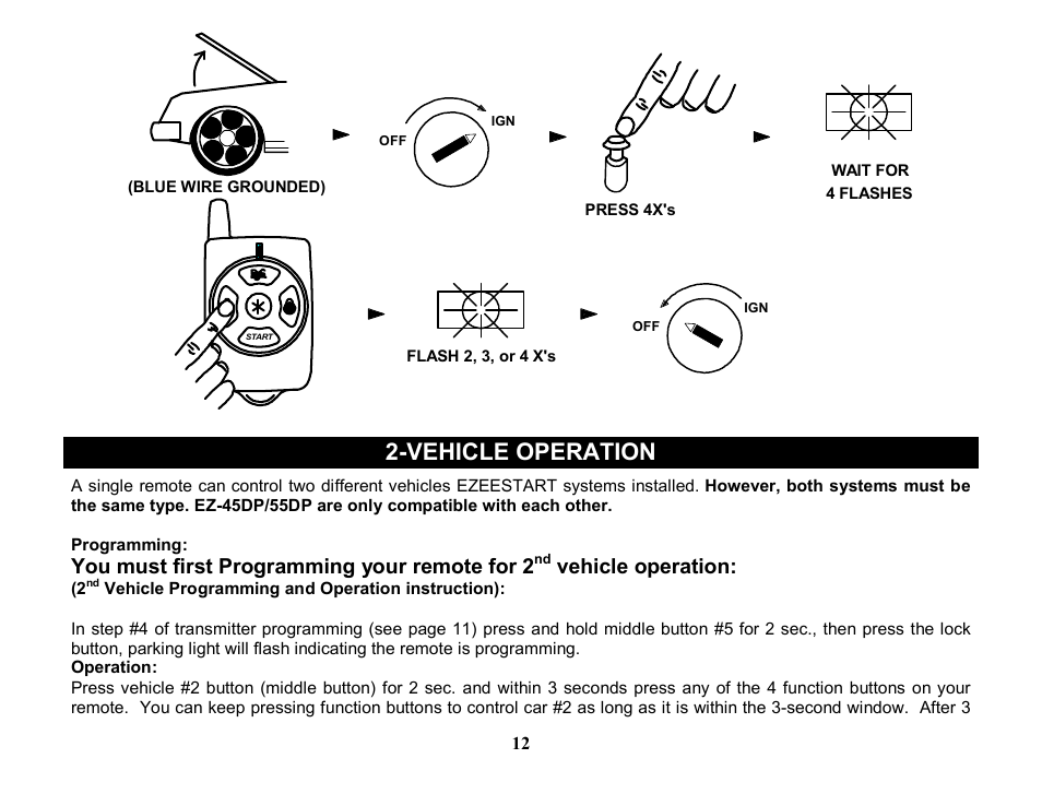 Vehicle operation, You must first programming your remote for 2 | Crimestopper Security Products EZEE START EZ-55DP User Manual | Page 12 / 15